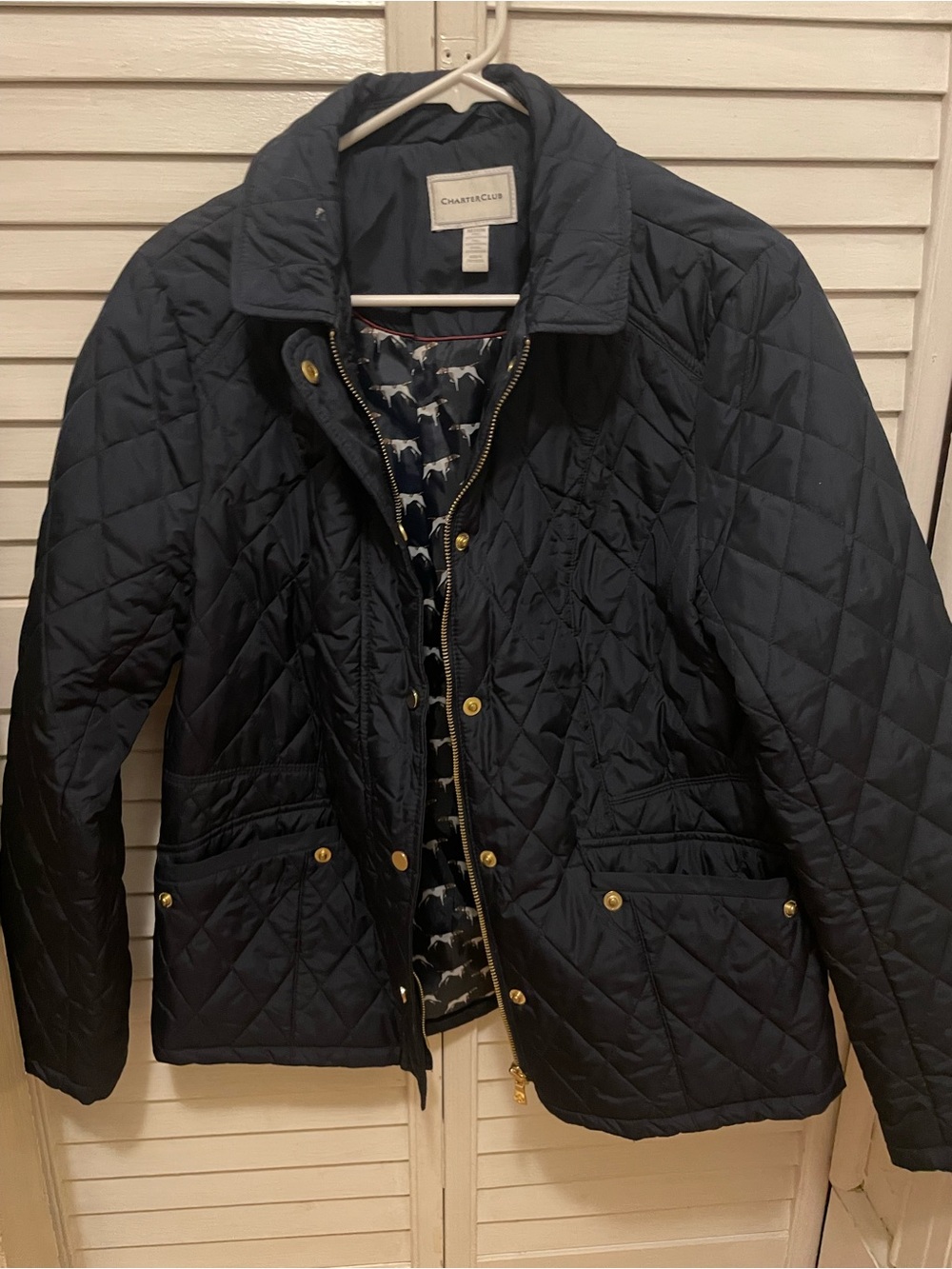 Charter Club Quilted Navy Puffer Jacket with Gold-Tone Hardware